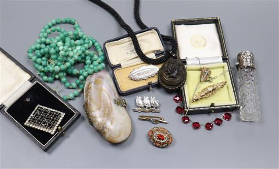 Mixed jewellery including paste brooch, micro mosaic brooch, silver topped scent bottle etc.